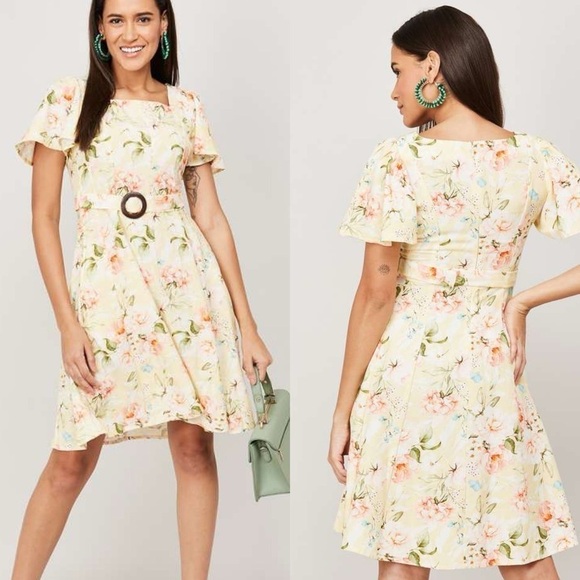 Code By Lifestyle Women’s Size 12 Yellow Floral Linen Cotton Fit & Flare Dress - Picture 5 of 16